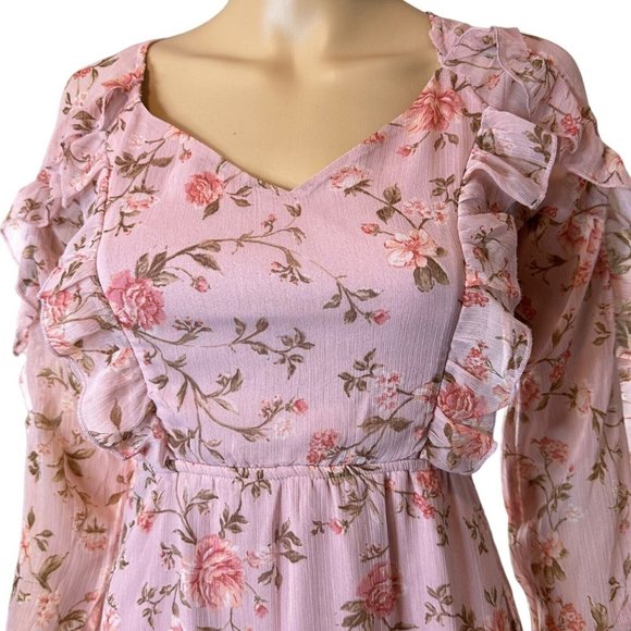 Divided Floral Bohemian Dress Medium M Baby Pink Back-Laced Lined Layered Ruffle - Picture 4 of 12